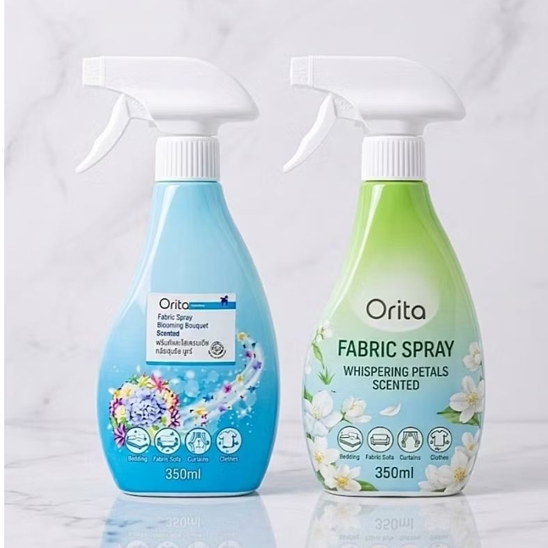 ( เขียว+ฟ้า ) สเปรย์ฉีดผ้าดับกลิ่นอับ Orita Fabric Spray Blooming Bouquet Scented  350ml. เป็นเปรย์หอมสำหรับฉีดผ้า