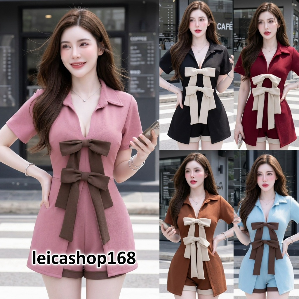 สินค้าพร้อมส่ง ชุดเซตสั้น ผ้าวูลเวฟ เสื้อแฟชั้นคอปก แต่งโบว์หน้า ผ่าหน้า สม๊อคหลัง + กางเกงเอวเรียบแต่งแถบ ใส่แมท A8328