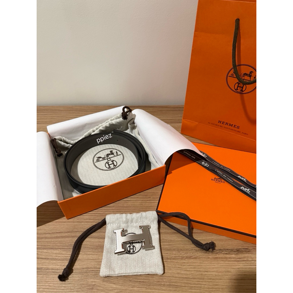 ของแท้(ปี2026)📍Hermes Belt 32mm Black/Etain Size 95 + หัวเงิน