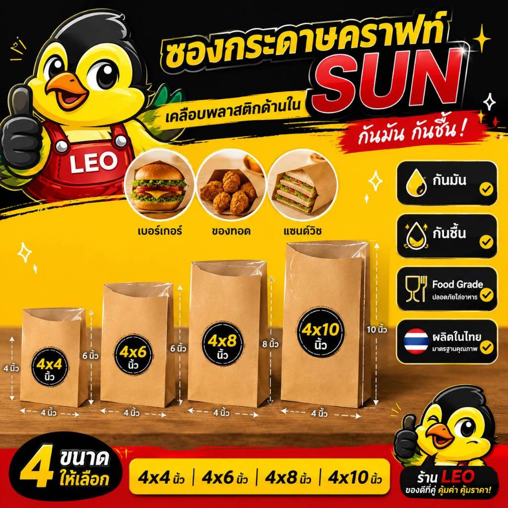 ซองเฟรนช์ฟรายส์ ซองกระดาษ แบบเคลือบ มาตรฐาน มอก. น้ำมันไม่ซึม แพ็ก 100 ใบ