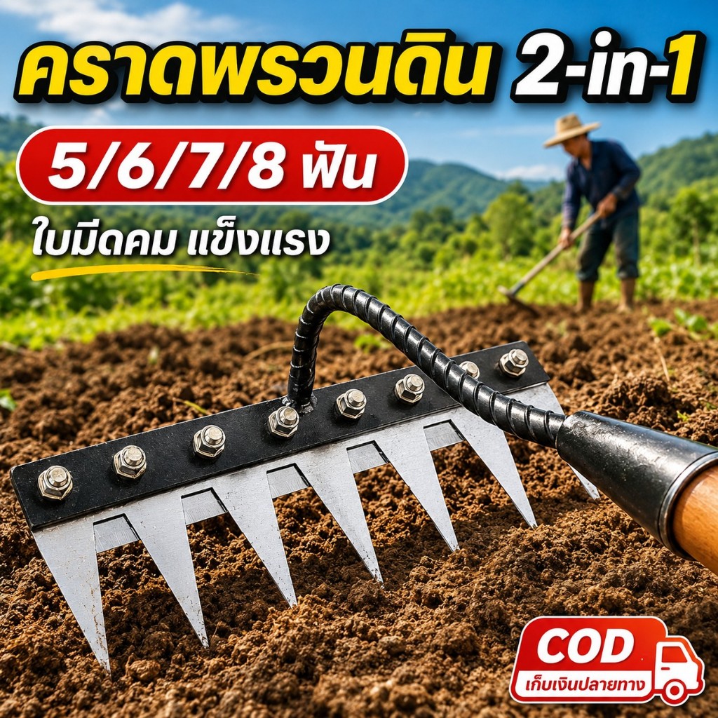 ใบมีดคม ไม่งอง่าย🔥 คราดพรวนดิน 2-in-1 คราดหญ้า จอบถากหญ้า เหล็กแมงกานีส แข็งแรง ดึงรากวัชพืช 5/6/7/8 ฟัน