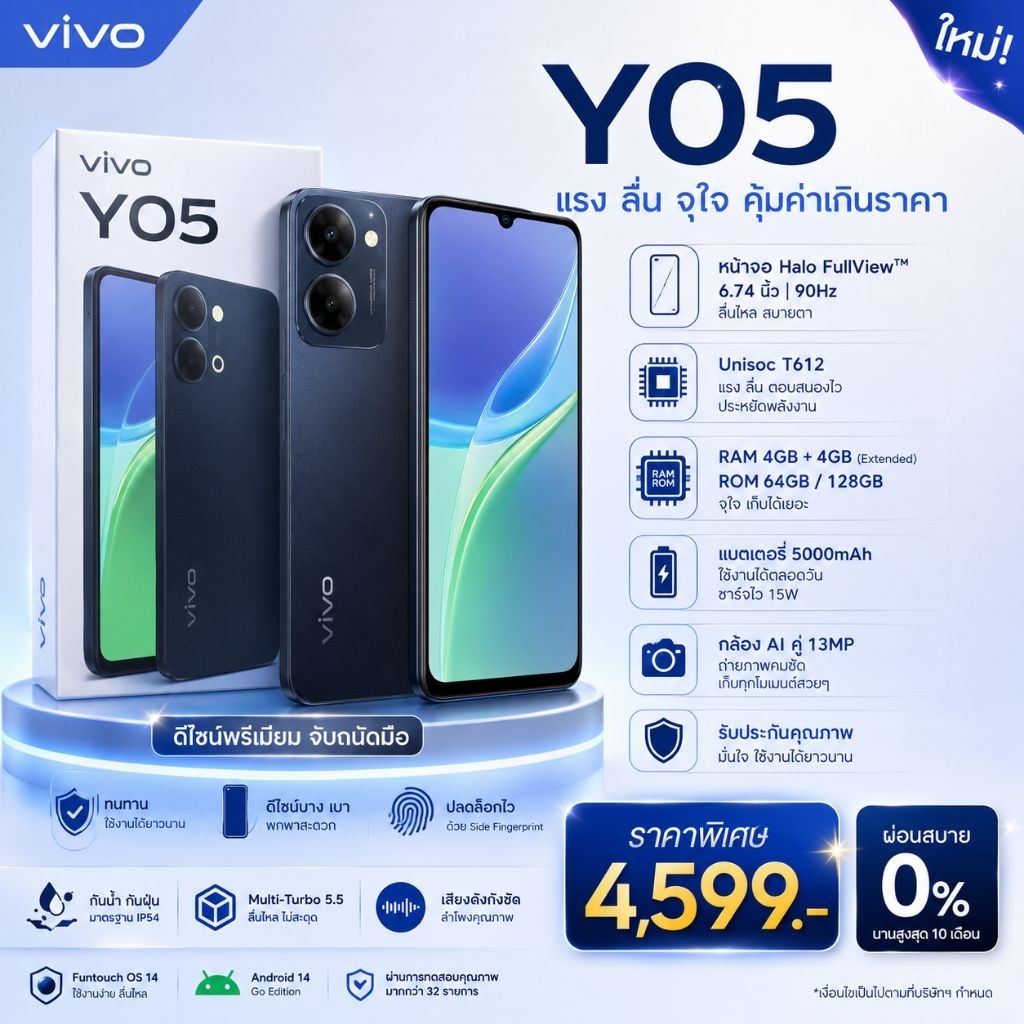 โทรศัพท์มือถือสมาร์ทโฟน Vivo Y05 4/64GB