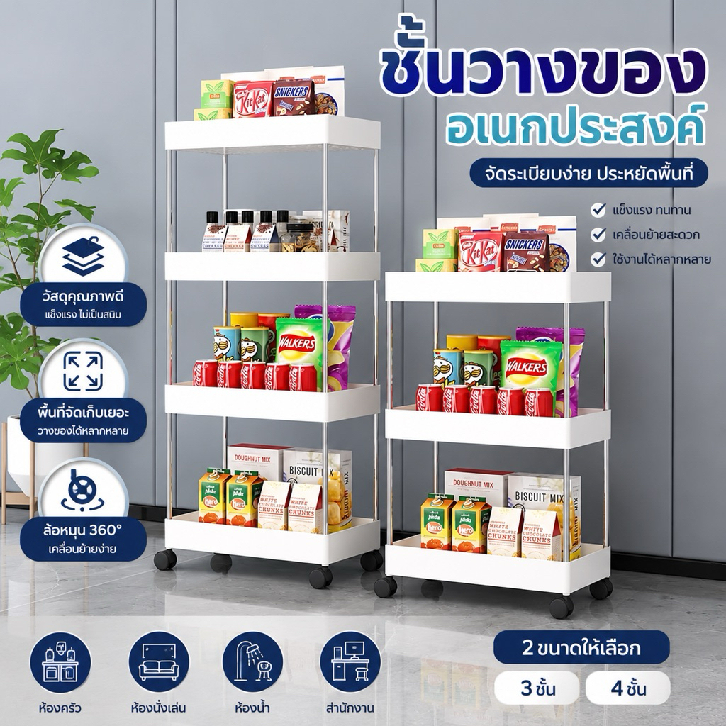 ซื้อ1แถม1 ชั้นวางของสแตนเลส 2ชั้น 3ชั้น 4ชั้น มีล้อเลื่อนและตะขอ สำหรับวางของในที่แคบ ครัว ห้องน้ำ