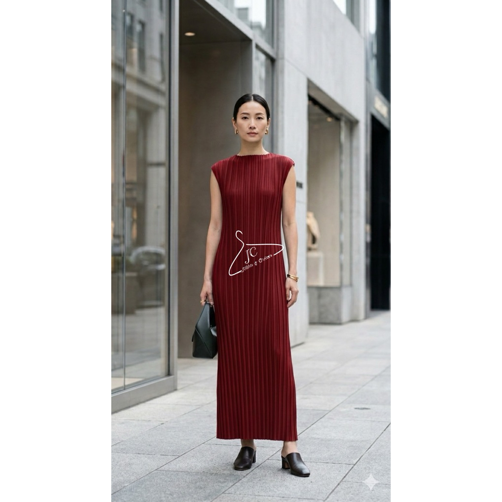 Jubbie & Chrissie : ชุดเดรสพลีทยาวแขนกุด Dress