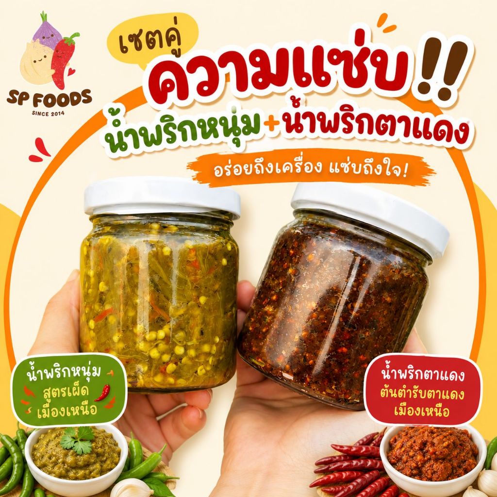 เชตคู่ความแซ่บ น้ำพริกหนุ่ม+น้ำพริกตาแดง น้ำพริก กากหมู หนังไก่ แคบหมู  By SP FOODS