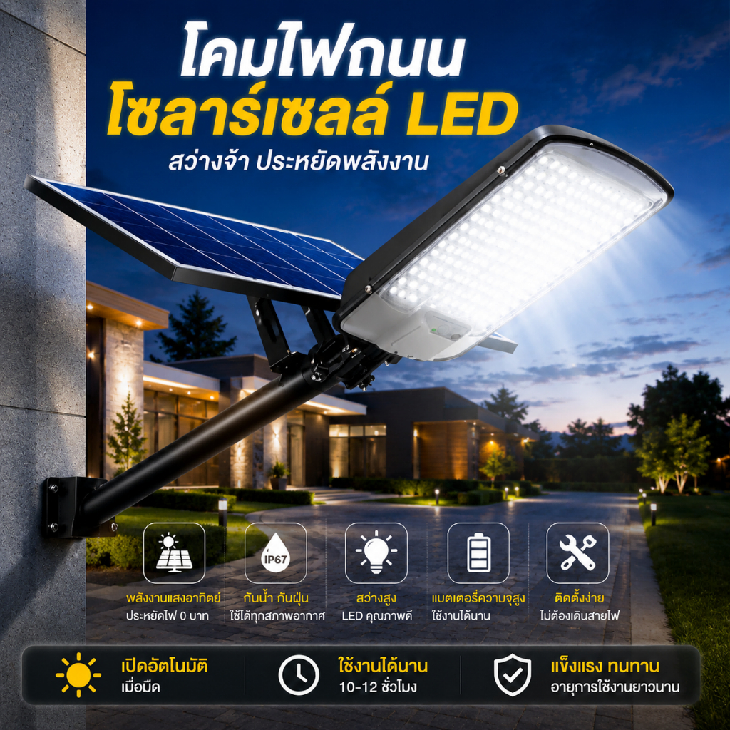 รูปแบบใหม่ โลหะ โซล่าเซลล์ ไฟถนน 50000W ไฟโซล่าเซลล์ IP67 กันน้ำและกันฟ้าผ่ Solar Light แสงสีขาว ระบบเซนเซอร์