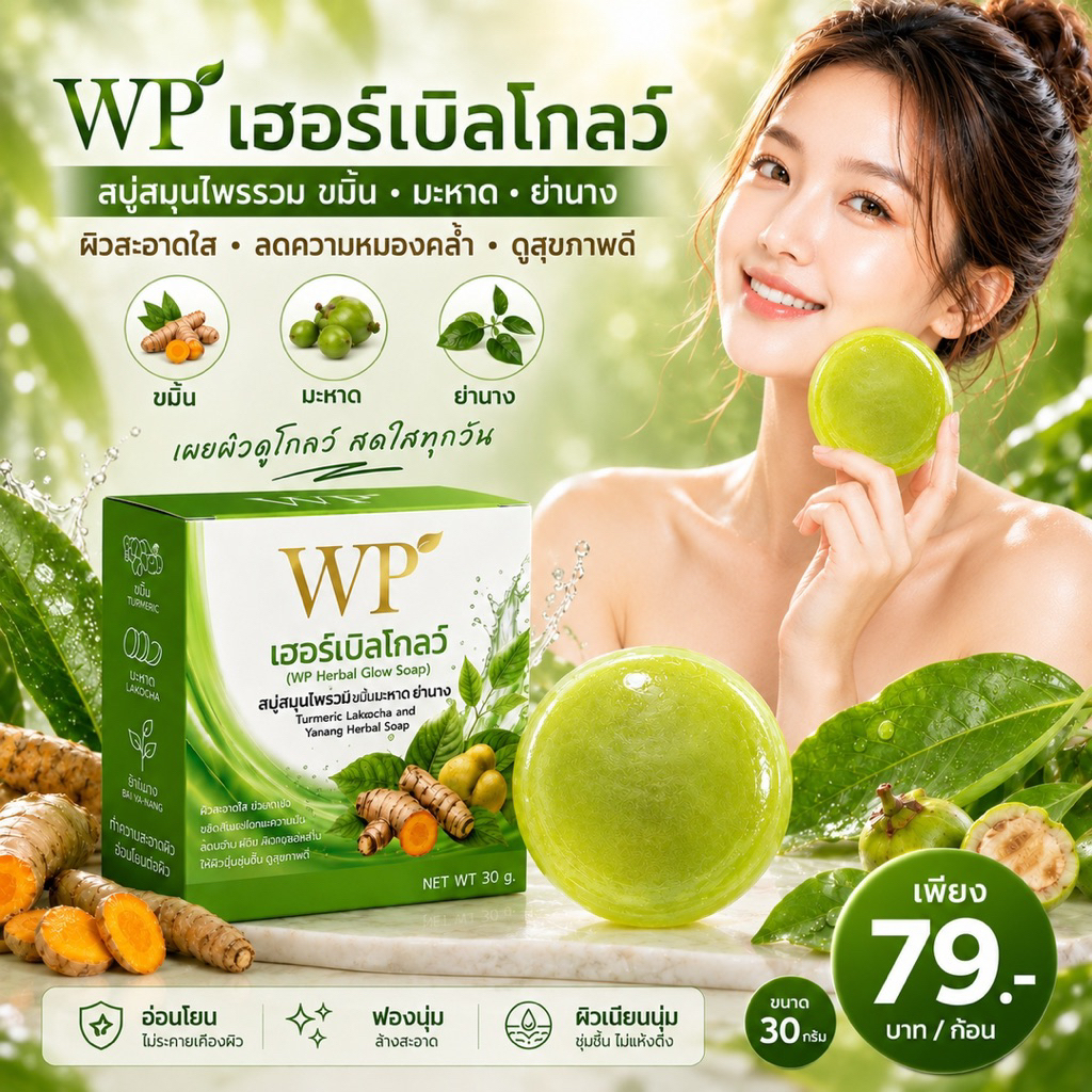 สบู่WPเฮอร์เบิลโกลว์(ย่านาง ขมิ้น มะหาด)ใช้ได้ทั้งผิวหน้าและผิวกาย สมุนไพรออแกนิก 100% หยุดคัน หยุดเกา