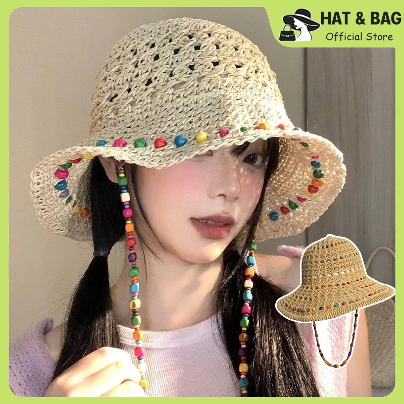 สไตล์เกาหลี INS หมวกกันแดดเดินป่า ระบายอากาศดี พร้อมสร้อยคอลูกปัดสี 