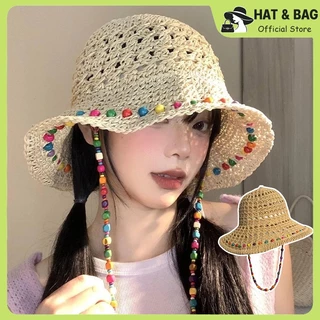 สไตล์เกาหลี INS หมวกกันแดดเดินป่า ระบายอากาศดี พร้อมสร้อยคอลูกปัดสี ﻿