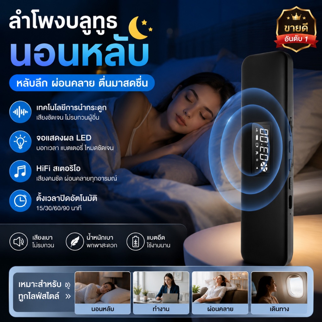 ลำโพงใต้หมอน Bone Conduction บลูทูธ 5.3 ลำโพงช่วยนอนหลับ แก้คนนอนไม่หลับ เสียงไม่รบกวนคนข้างๆ ใส่เมมได้ ตั้งเวลาปิดได้