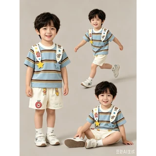 BB347 ชุดเด็กผู้ชายสไตล์คิวท์ เสื้อยืดลายทางฟ้า ตกแต่งสายสะพายการ์ตูน คู่กางเกงลายการ์ตูน