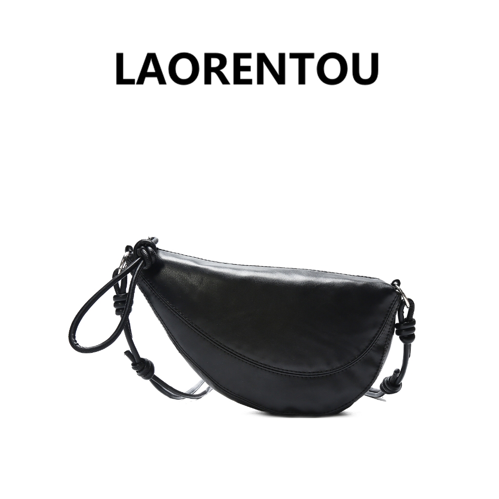 LAORENTOU กระเป๋าทรงพระจันทร์สีดำหนังนุ่ม สายเชือกปรับได้ สะพายใต้วงแขน/สะพายข้าง