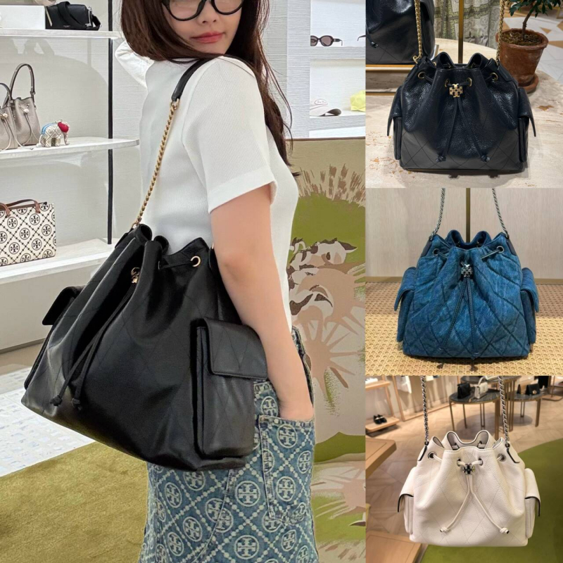 แท้💯% Tory Burch Charlie New style Shoulder bag ดีไซน์ควิลท์ กระเป๋าสะพายข้างแบบเปิดปิดด้วยเชือกรูด