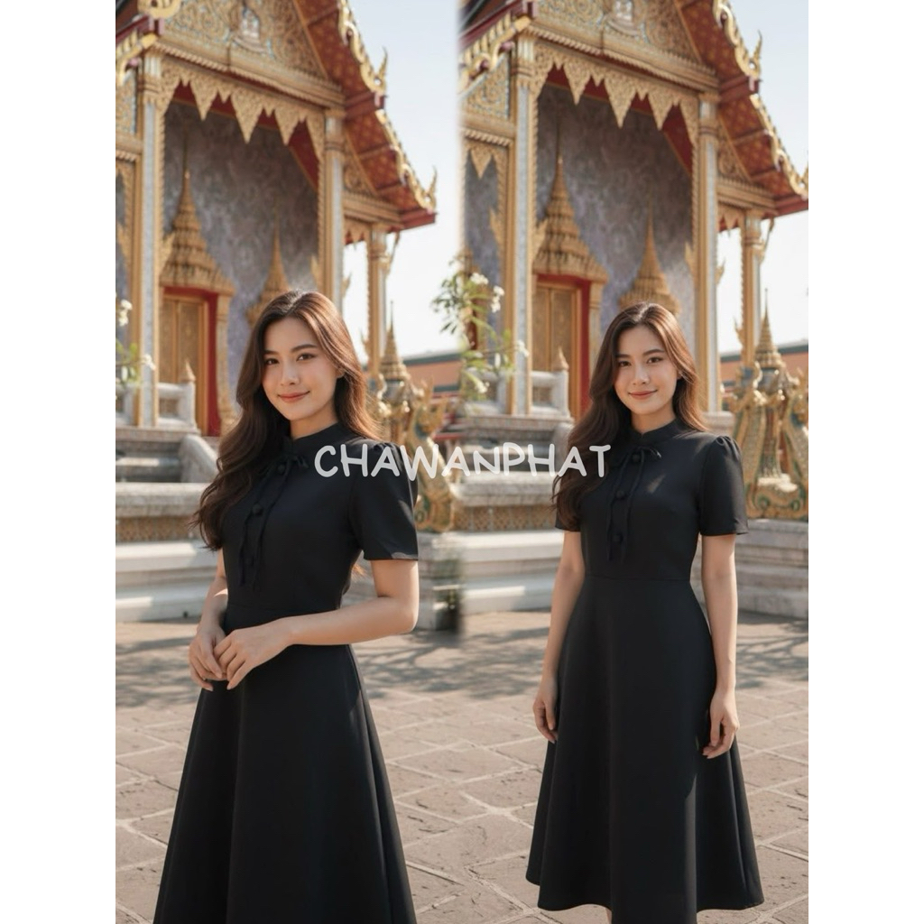 [S-XXL] rcd-16 เดรสกระโปรงดำคอจีนทรงย้วย ผ้าเปเป้ซับในทั้งตัว ผ้ายับยากรีดง่าย