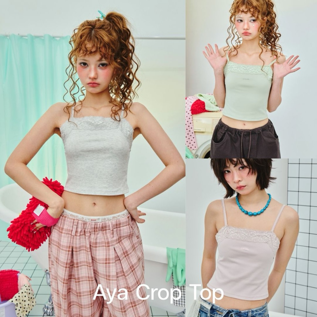 AMUSE BKK - Aya Crop Top เสื้อครอปสายเดี่ยว แต่งขอบลูกไม้ ดีเทลปักโลโก้ที่อก ผ้าคอตตอนนุ่มใส่สบาย
