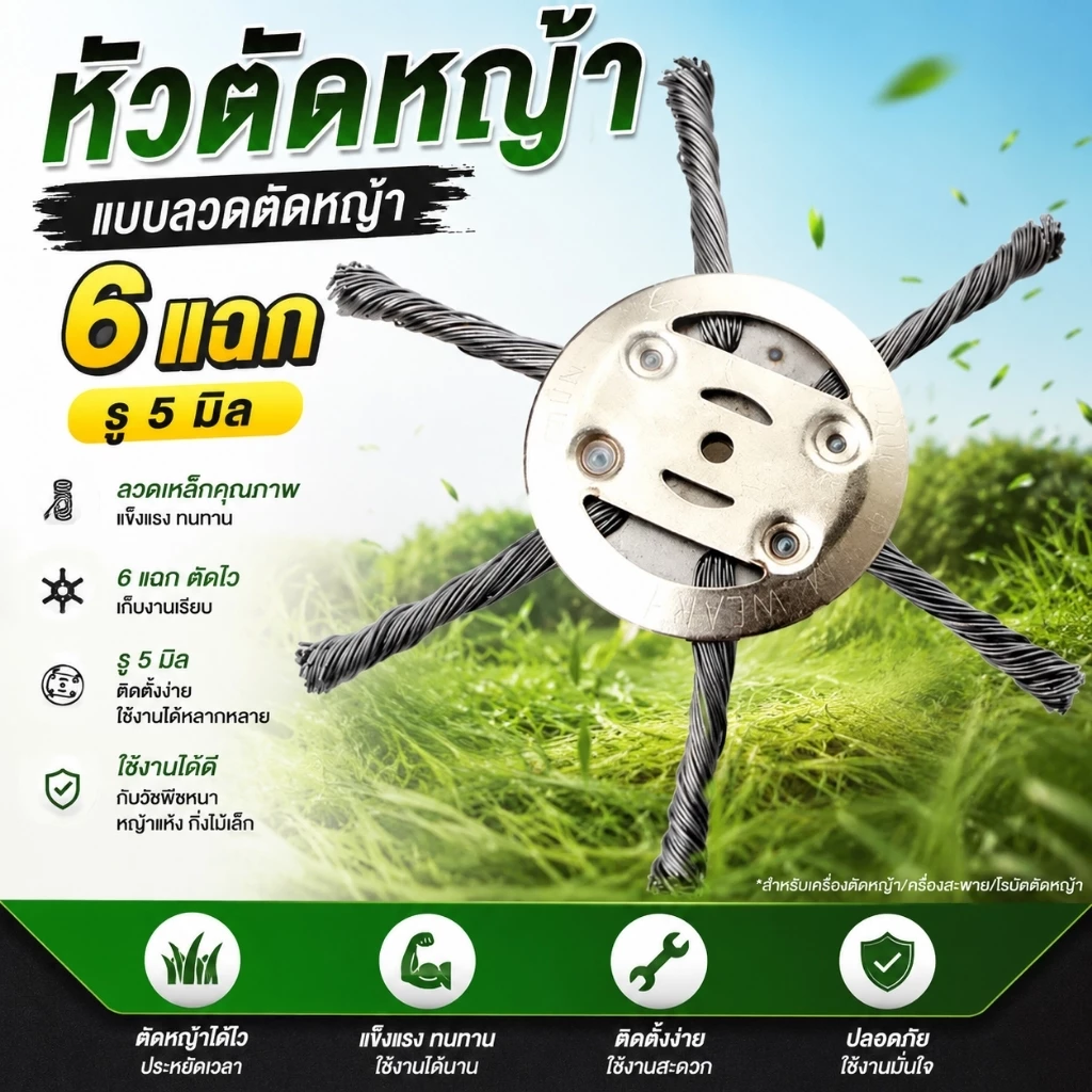 หัวตัดหญ้า ลวดเหล็ก 6 แฉก รู 5 มิล แข็งแรง ทนทาน สำหรับเครื่องตัดหญ้า Rivet