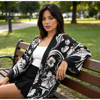 เสื้อคลุมผ้าเนื้อดี ลายหรู ดีเทลเนี้ยบทุกมุม ใส่แมทช์กับกางเกงขายาวสีขาวยิ่งดูสวยสง่า💖