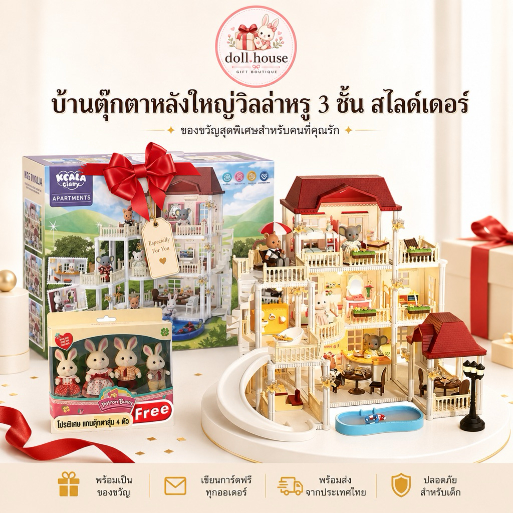 Doll.house บ้านตุ๊กตาหลังใหญ่วิลล่าสุดหรู3 ชั้นฟังก์ชั่นครบ 🏡พร้อมสระว่ายน้ำส่วนตัว สไลด์เดอร์ เฟอร์นิเจอร์ครบชุด
