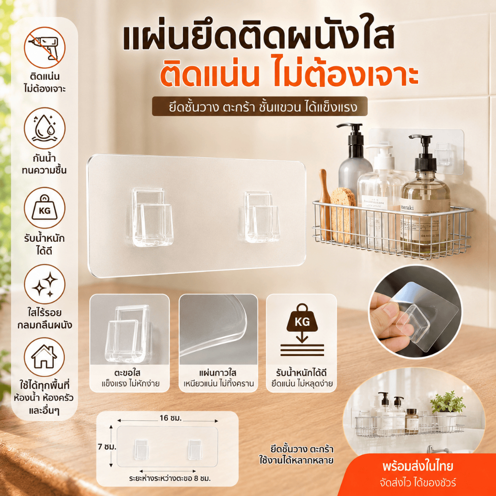 ตะขอคลิปกาวติดผนัง แบบไร้ร่องรอย แขวนของใช้ในบ้านได้หลายอย่าง