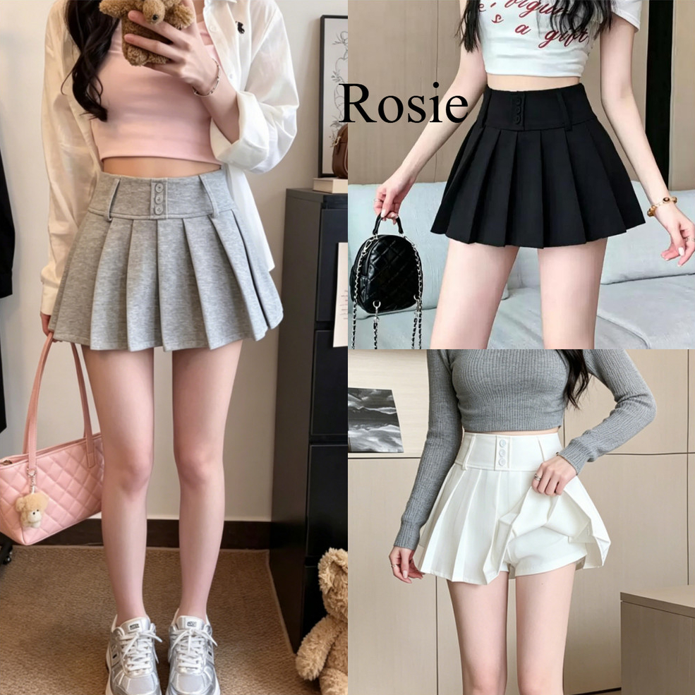 Rosie  🌹กระโปรงสั้นจีบสามสีสไตล์เกาหลีเอวสูง #2061#Skirts