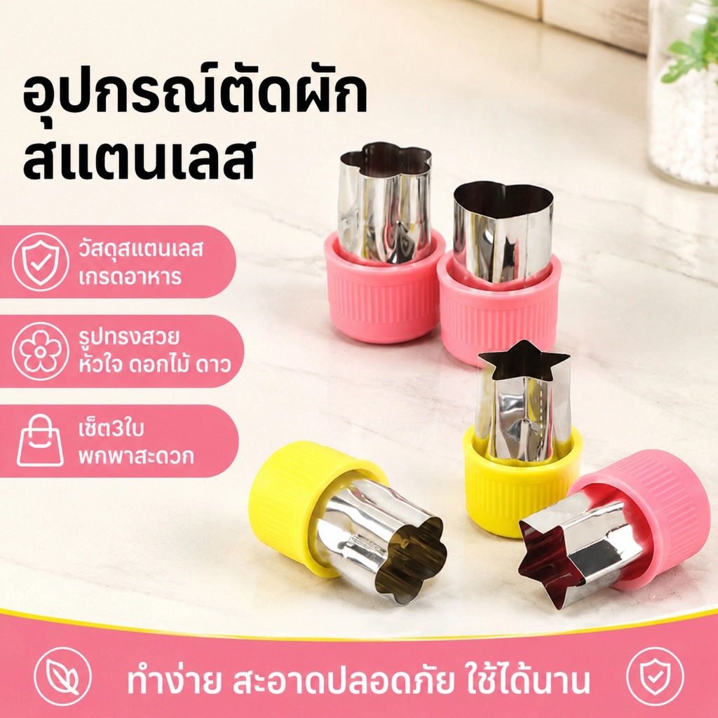อุปกรณ์ในครัวทำจากสแตนเลสแบบพกพาที่ตัดผักรูปหัวใจดอกไม้ชิ้น/เซ็ต3ใบ