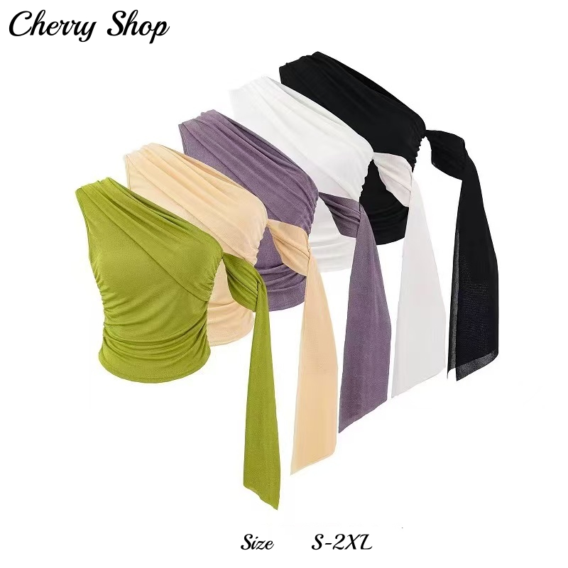 cherryshop พร้อมส่ง เสื้อแขนกุดทรงเข้ารูปสไตล์เกาหลีเซ็กซี่สำหรับผู้หญิงในฤดูร้อน ประดับริบบิ้น