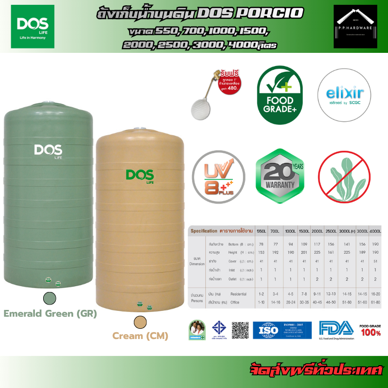 DOS ถังเก็บน้ำบนดิน PORCIO ขนาด 550, 700, 1000, 1500, 2000, 2500, 3000H, 4000ลิตร แถมฟรี!! ลูกลอยDOS