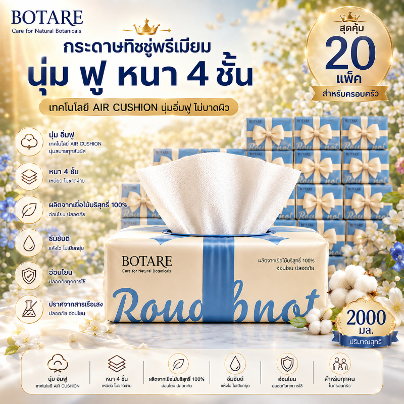 【20 แพ็ค】【Botare】ทิชชู่ยกลัง Air-cushion หนา 4 ชั้น เยื่อไม้ธรรมชาติ นุ่มละมุน ซึมซับน้ำได้ดีมาก
