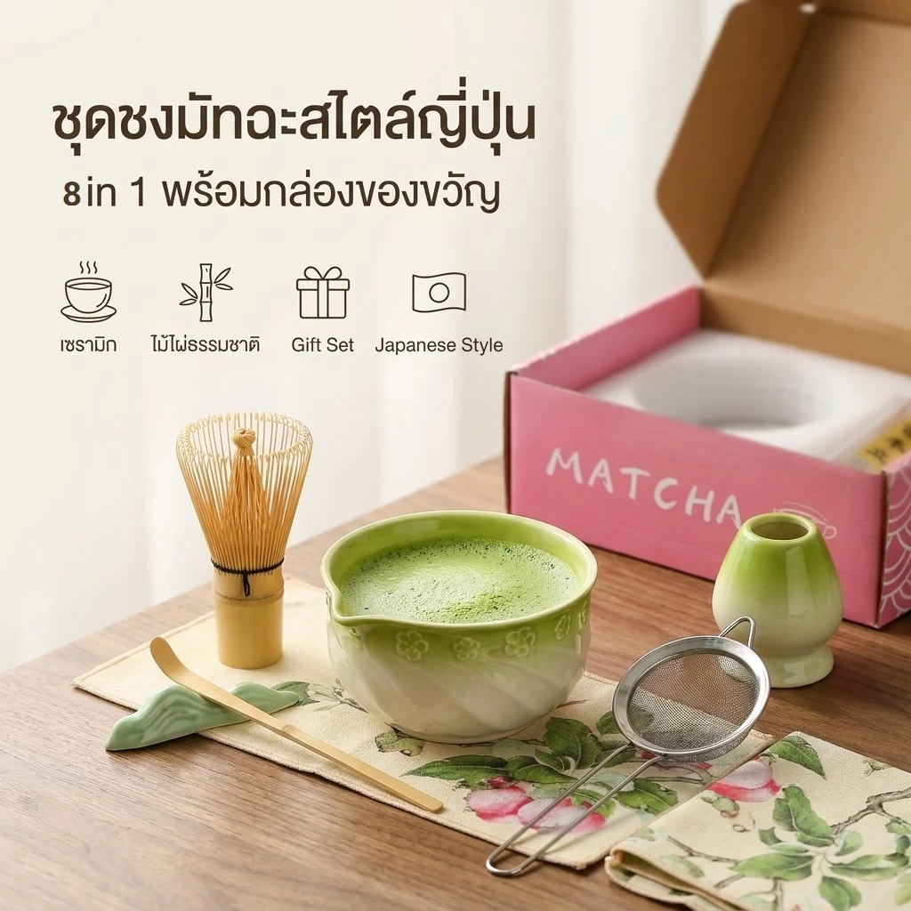 MIPH🍵 ชุดมัทฉะญี่ปุ่น 8 ชิ้น ถ้วยมัทฉะเซรามิก ถ้วยชงมัทฉะ ถ้วยมัทฉะน่ารัก