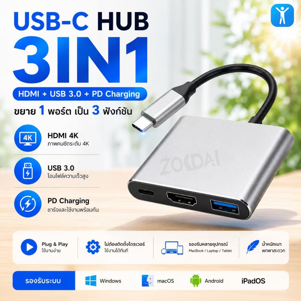 Type-C 3 ใน 1 ตัวเชื่อมต่อ USB3.0 ความเร็วสูง HDMI ฉายภาพความละเอียดสูง PD ชาร์จเร็ว อแดปเตอร์แปลงโน้ตบุ๊กและมือถือ