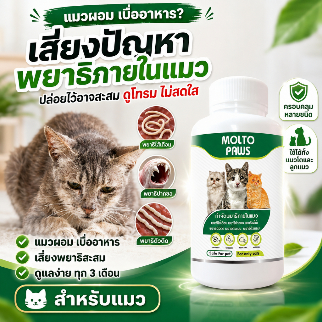 MOLTO PAWS ถ่ายพยาธิแมว ครอบคลุมพยาธิหลายชนิด สูตรสำหรับแมว กินง่าย ทุก 3 เดือน ปลอดภัย 10 เม็ด