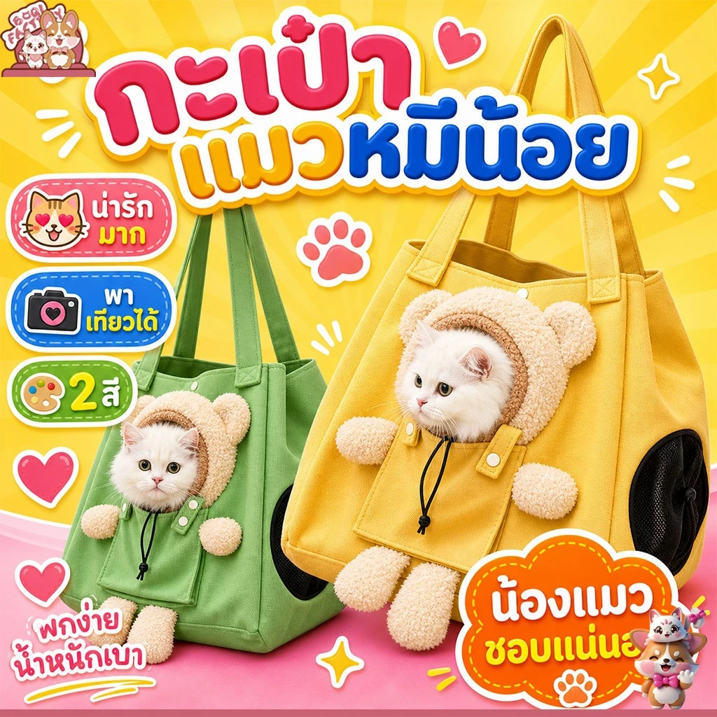 Boqi Factory กระเป๋าสะพายแมวหมีน้อย กระเป๋าใส่สัตว์เลี้ยง แบบพกพา ระบายอากาศ น้ำหนักเบา Cutebag