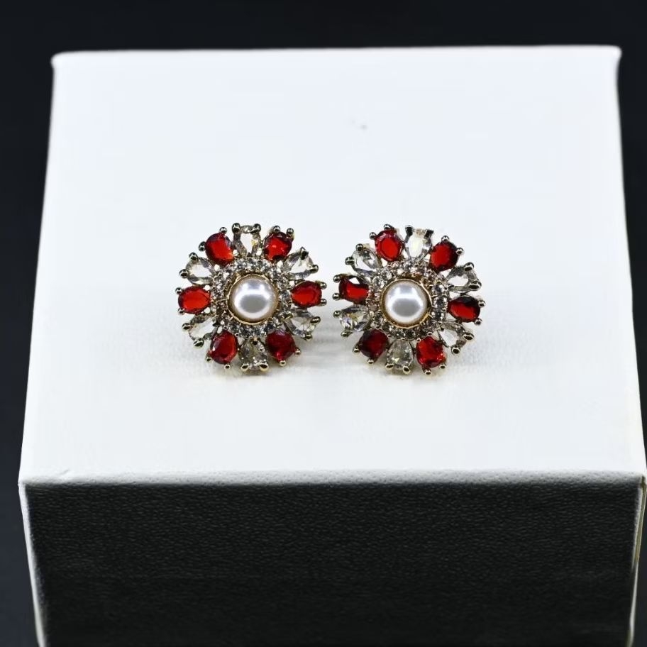 Red Ruby with pearl cubic zirconia earrings
