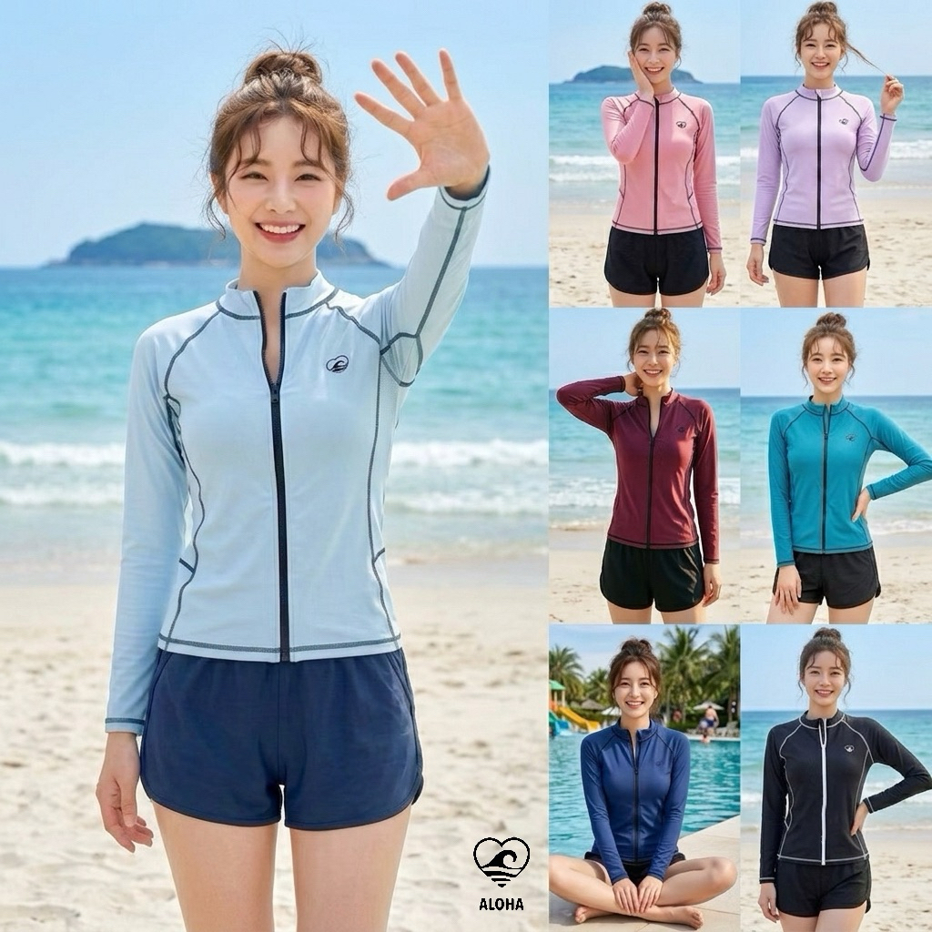 New in 2026 เซ็ทเสื้ิอแขนยาวซิปหน้าสีพื้น พร้อมกางเกงสามส่วน