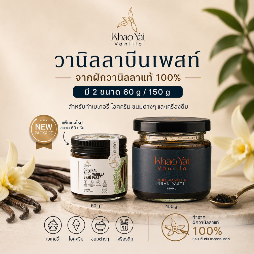 วานิลลาบีนเพสท์แท้ จากฝักวานิลลา 100% 60g /150g Khao Yai Vanilla Pure Vanilla Bean Paste 60g 150g วัตถุดิบเบเกอรี่