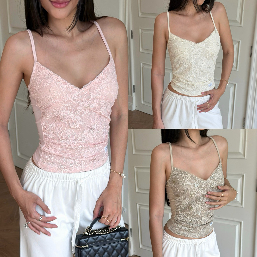 RUDY- LOLITA CAMI (พร้อมส่ง)เสื้อสายเดี่ยวผ้ายืดตกแต่งลูกไม้ปักเลื่อมด้านหน้าสายปรับได้(กล้ามครีมลูกไม้)