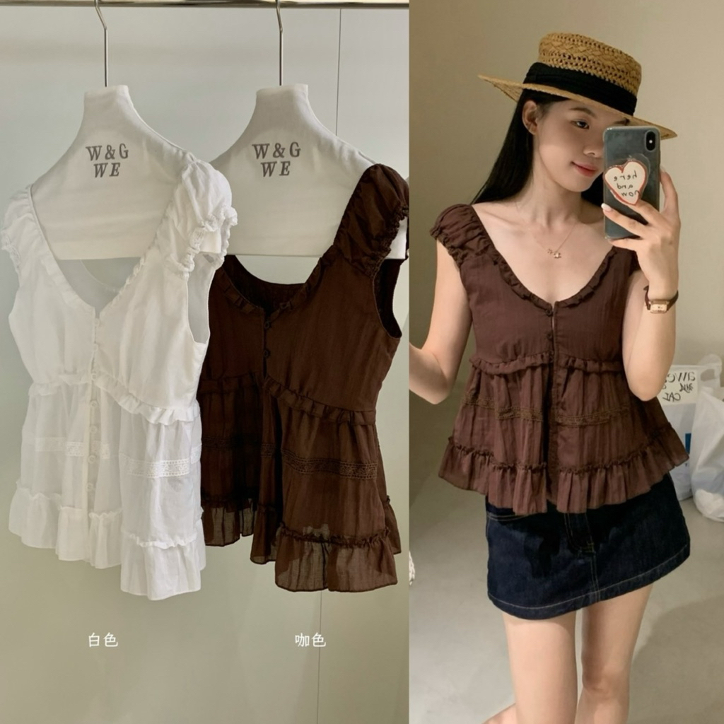 9931# เสื้อแขนกุดคอยูกระดุมหน้า เนื้อผ้าดี ทรงสวย  TAG:WG.WE 🇰🇷