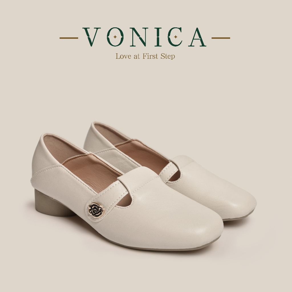VONICA รองเท้าโลฟเฟอร์ผู้หญิงหนังPU นุ่ม หัวสี่เหลี่ยมส้นต่ำ สไตล์เกาหลี ตกแต่งดอกกุหลาบ