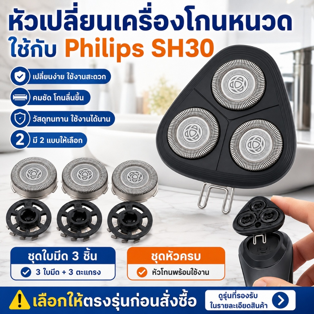 หัวโกน/ใบมีดโกน Philips SH30 อะไหล่เครื่องโกนหนวด Series1000 S1101 S1102 S1103 S1203 S2302 S2303 มี 