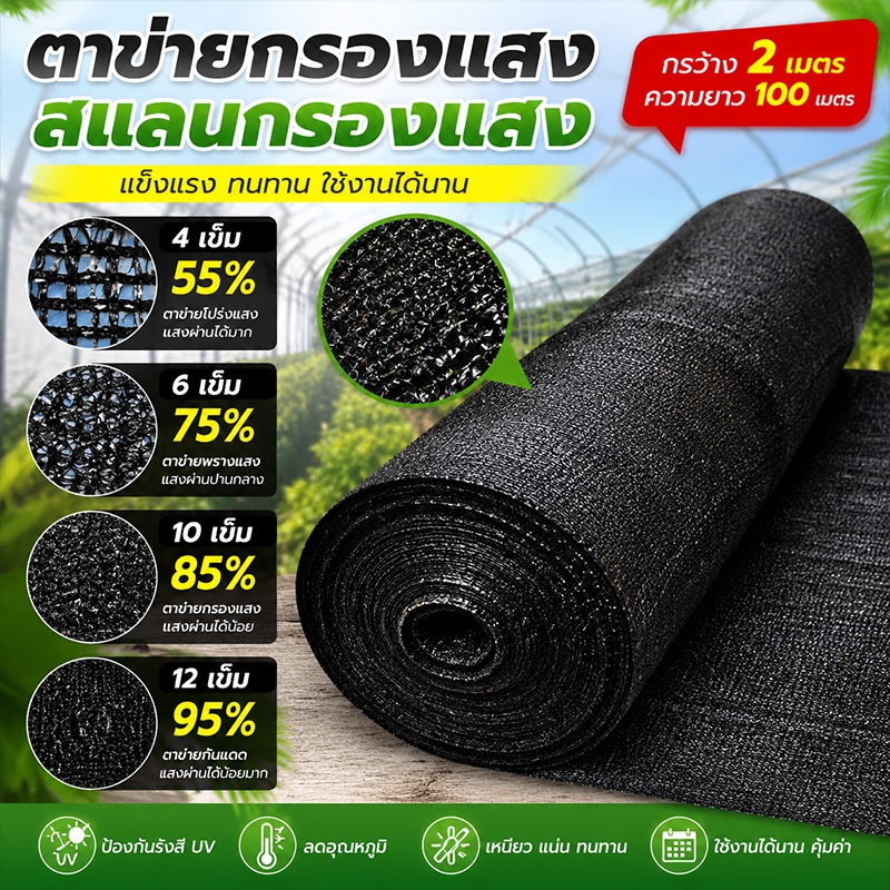 ตาข่ายกรองแสง กว้าง2ม เกรดA สแลนกันแดด สแลนกรองแสง60% 70% 80% 90% สีดำ สีเขียว แรงดึงสูง ไม่ขาดง่าย กันUV 100%