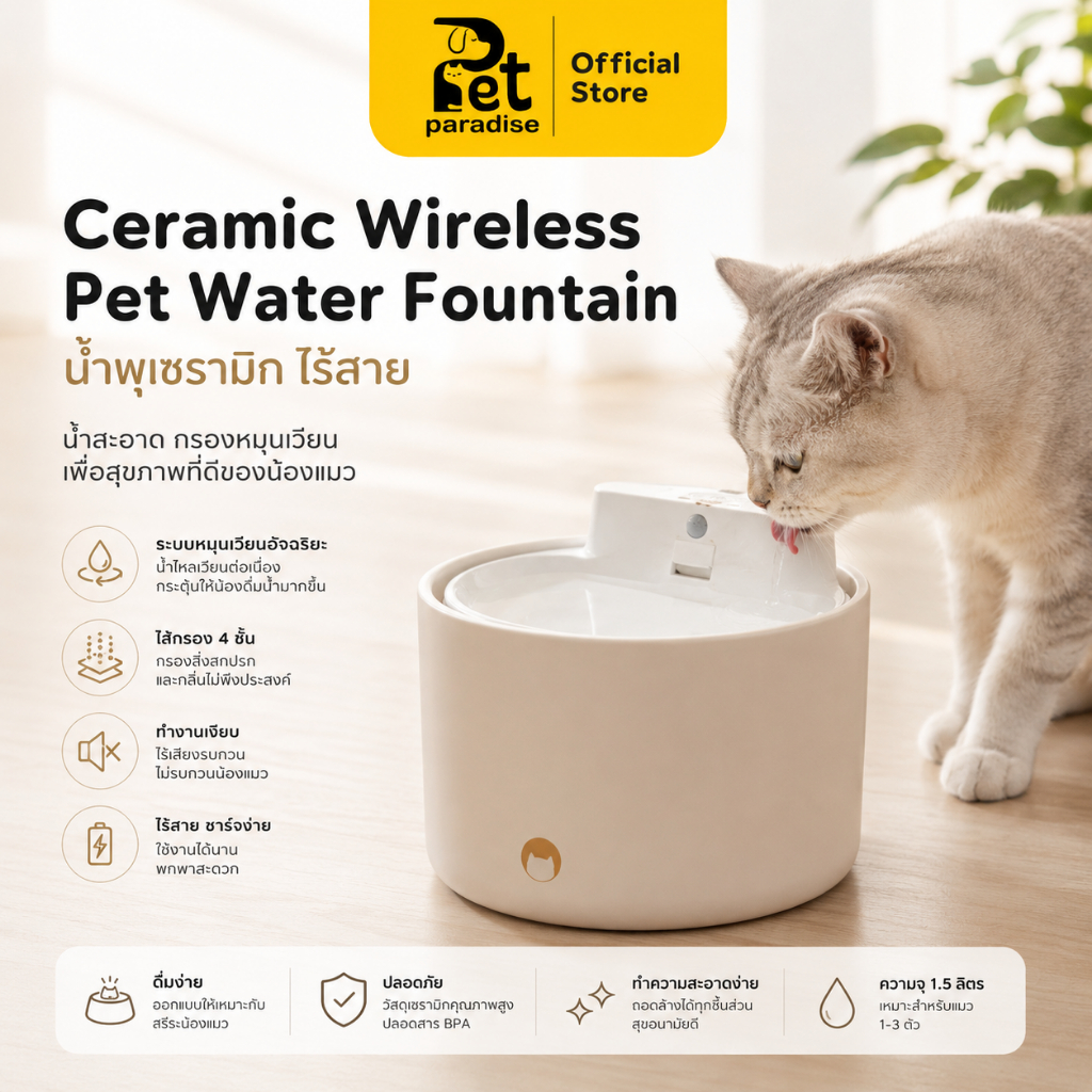 🛵ส่งทันที 🌈PetParadise.th✨KUMEOW น้ำพุแมวไร้สาย น้ำพุสัตว์เลี้ยง 2.5L วัสดุเซรามิก ทนทาน ทำงานเงียบ
