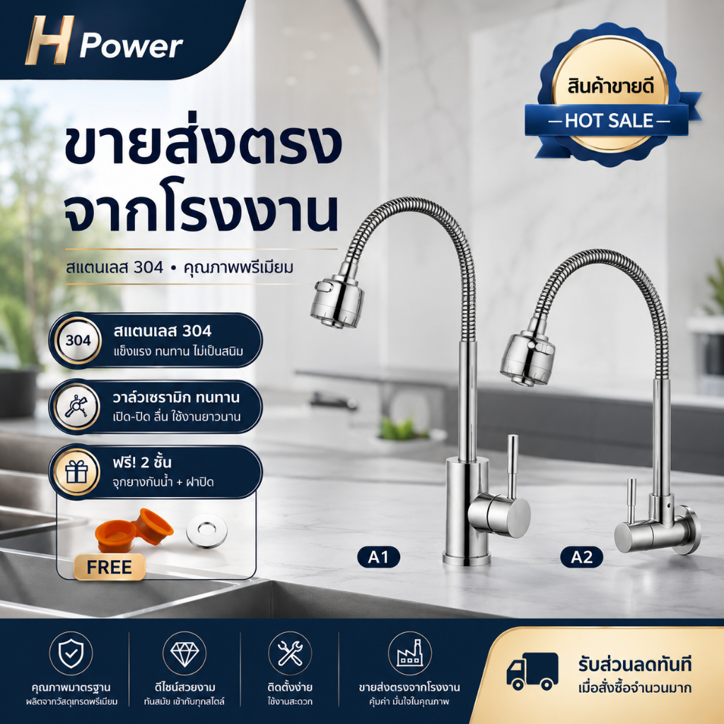 H Power ก๊อกน้ำล้างจาน สแตนเลส304 แท้ หมุน360° คอดัดได้ วาล์วเซรามิก แกนทองเหลือง ไม่เป็นสนิม ติดอ่างล้างจาน HP-024