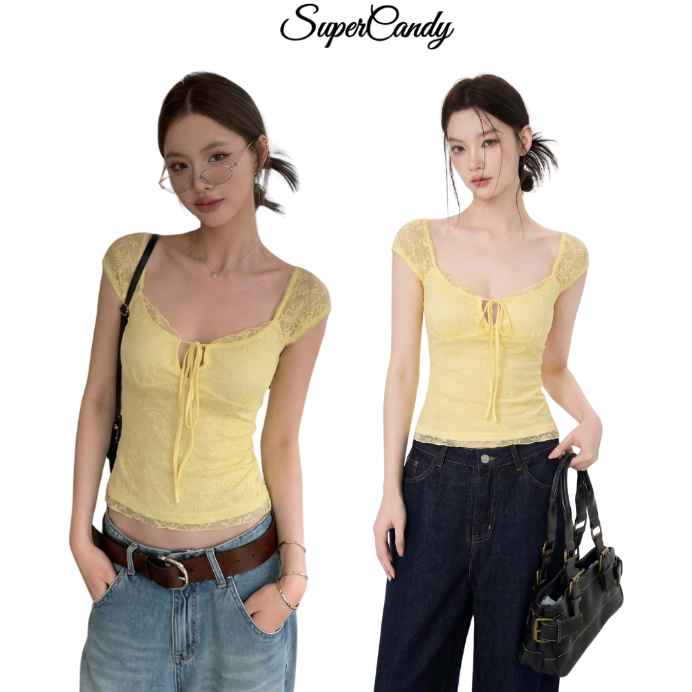 SuperCandy🌷เสื้อแขนสั้นลูกไม้ดีไซน์ฝรั่งเศส คอสี่เหลี่ยม มีโบว์เชือกตกแต่ง ตัวกระชับซ่อนพุง เหมาะใส่ชั้นในฤดูร้อน