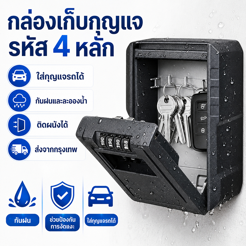 กล่องเก็บกุญแจรหัส 4 หลัก กล่องล็อคกุญแจ กล่องนิรภัย Key Lock Box ติดผนัง กันฝน ใส่กุญแจรถ พร้อมสกรู ส่งจากกรุงเทพ