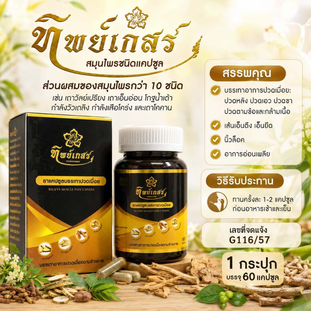 ทิพย์เกสร แคปซูลสมุนไพร บำรุงร่างกายลดปวดเมื่อย บำรุงธาตุ โปรโมชั่น(1กระปุก/60แคปซูล)
