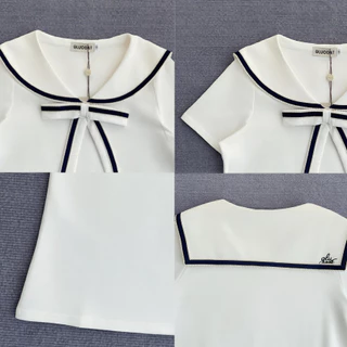 Glucoat | [A729] เสื้อแขนสั้นคอปกทหารเรือด้านหลังปัก glucoat พร้อมเข็มกลัดโบว์