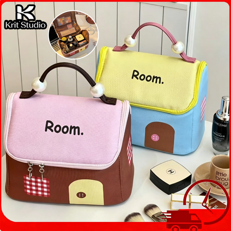 COD กระเป๋าเครื่องสำอางค์ กระเป๋าเครื่องสำอางทรงบ้านน่ารัก สีพาสเทล ขนาดใหญ่ จุของได้เยอะ ใช้เดินทางได้