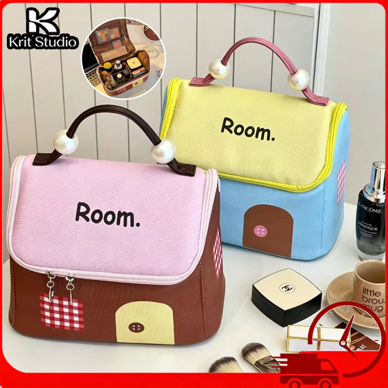 COD กระเป๋าเครื่องสำอางค์ กระเป๋าเครื่องสำอางทรงบ้านน่ารัก สีพาสเทล ขนาดใหญ่ จุของได้เยอะ ใช้เดินทางได้