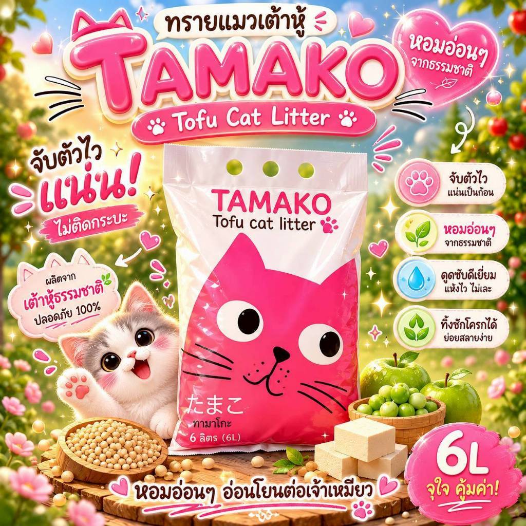 ทรายเต้าหู้ ทรายออร์แกนิค Tamako 6L เต้าหู้ญี่ปุ่น ทรายแมวอนามัย กลิ่นหอม ทรายแมวมีกลิ่นหอม