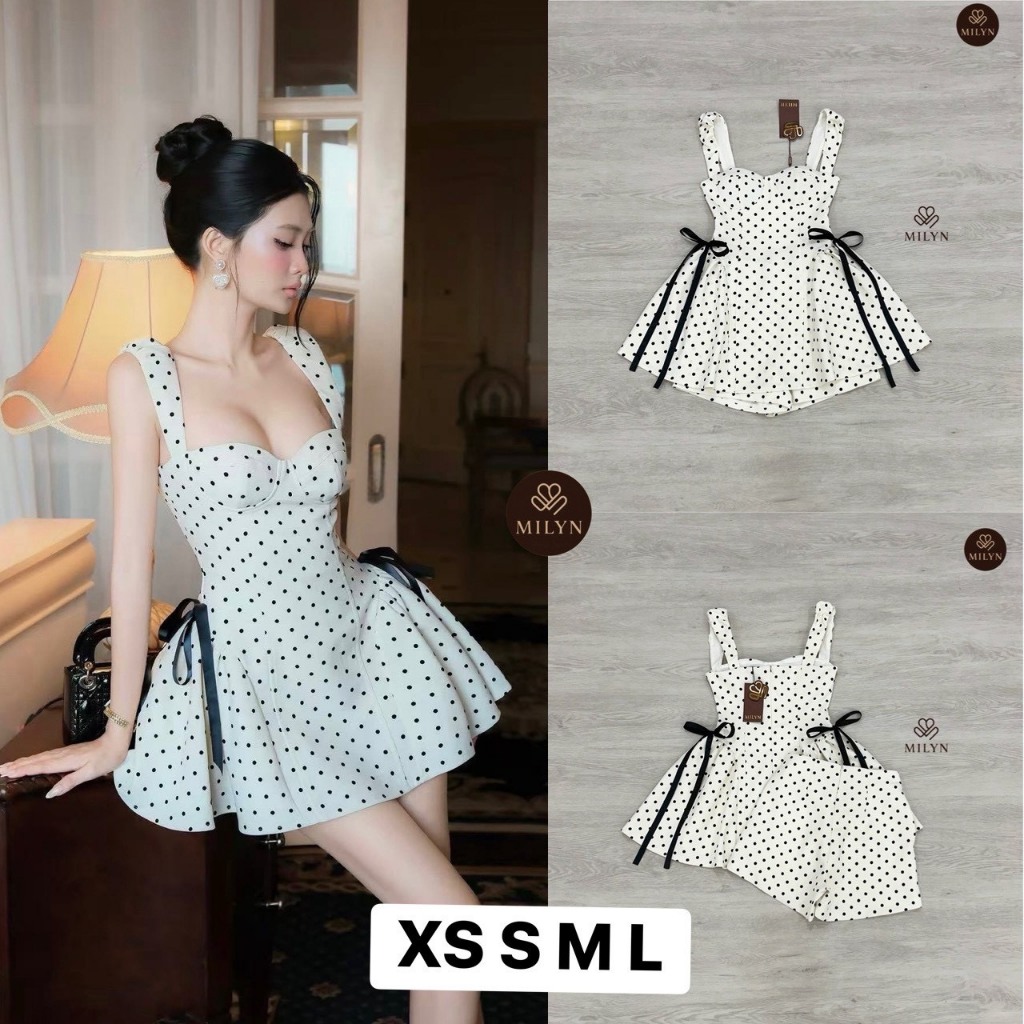 MILYN Setเสื้อโทนครีม ลาย Polka Dot สีดำ+กางเกงขาสั้น